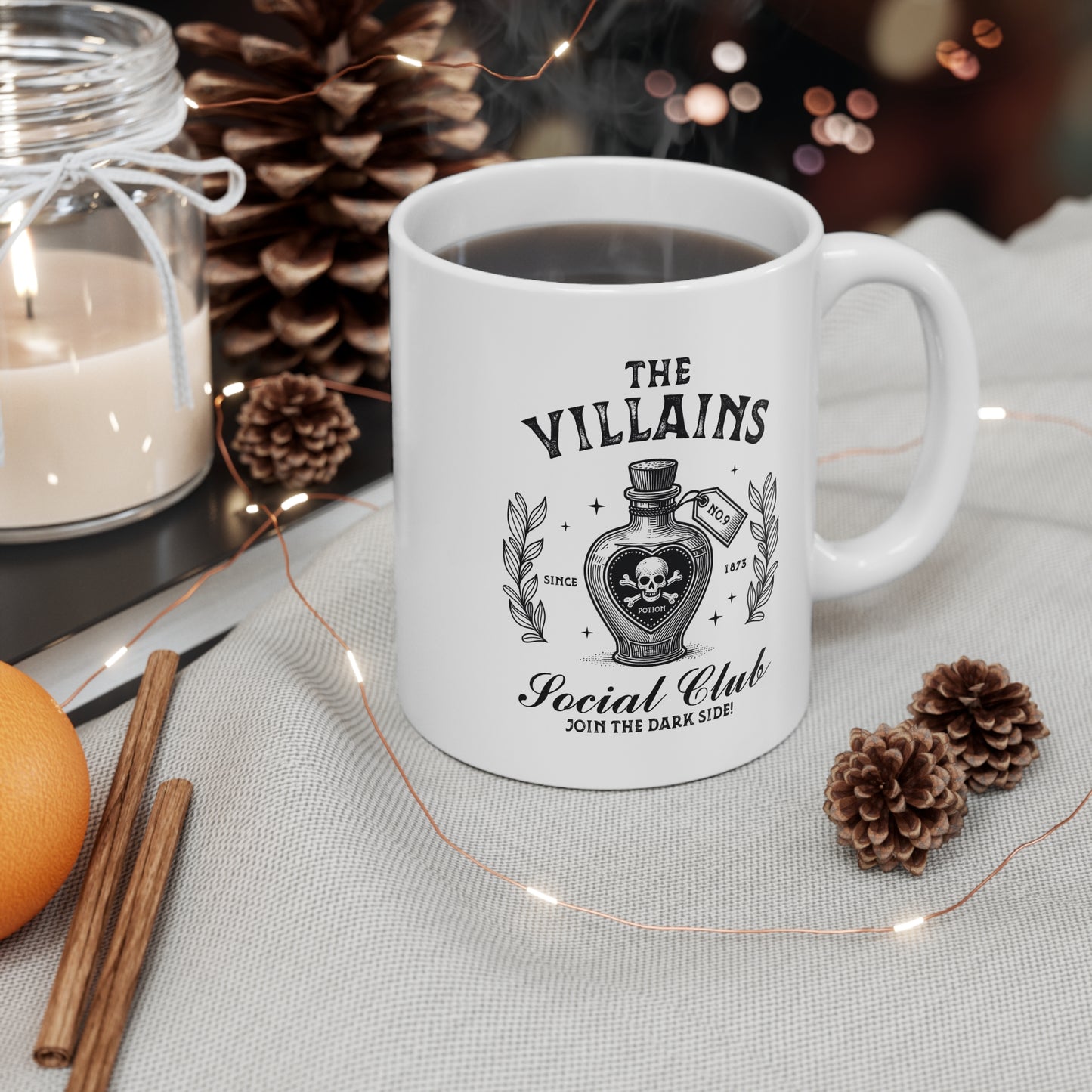 The Villains Social Club Ceramic Mug – 11oz White Halloween Mug with Dark Potion Design