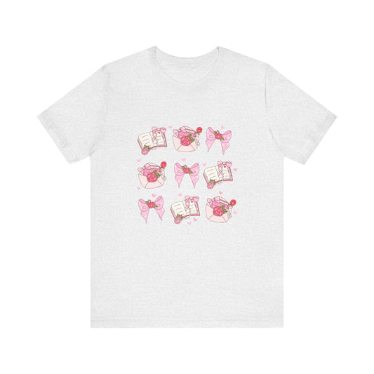 Valentine Coquette Bookish Bella+Canvas 3001 T-Shirt – White & Ash Gray