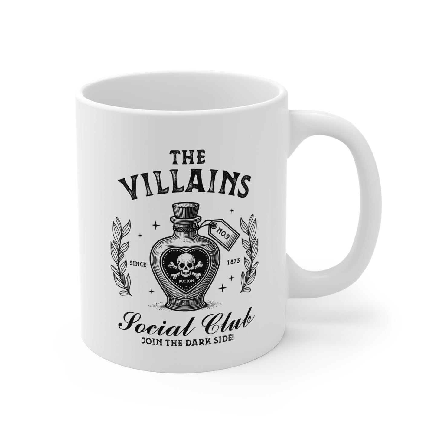 The Villains Social Club Ceramic Mug – 11oz White Halloween Mug with Dark Potion Design