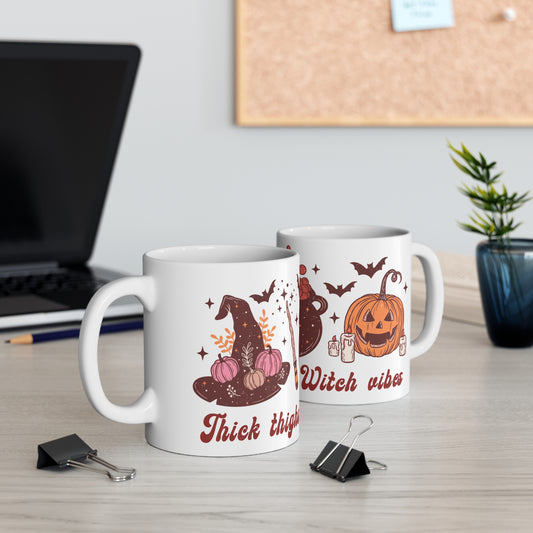 Thick Thighs & Witch Vibes Mug – 11oz Ceramic Halloween Mug