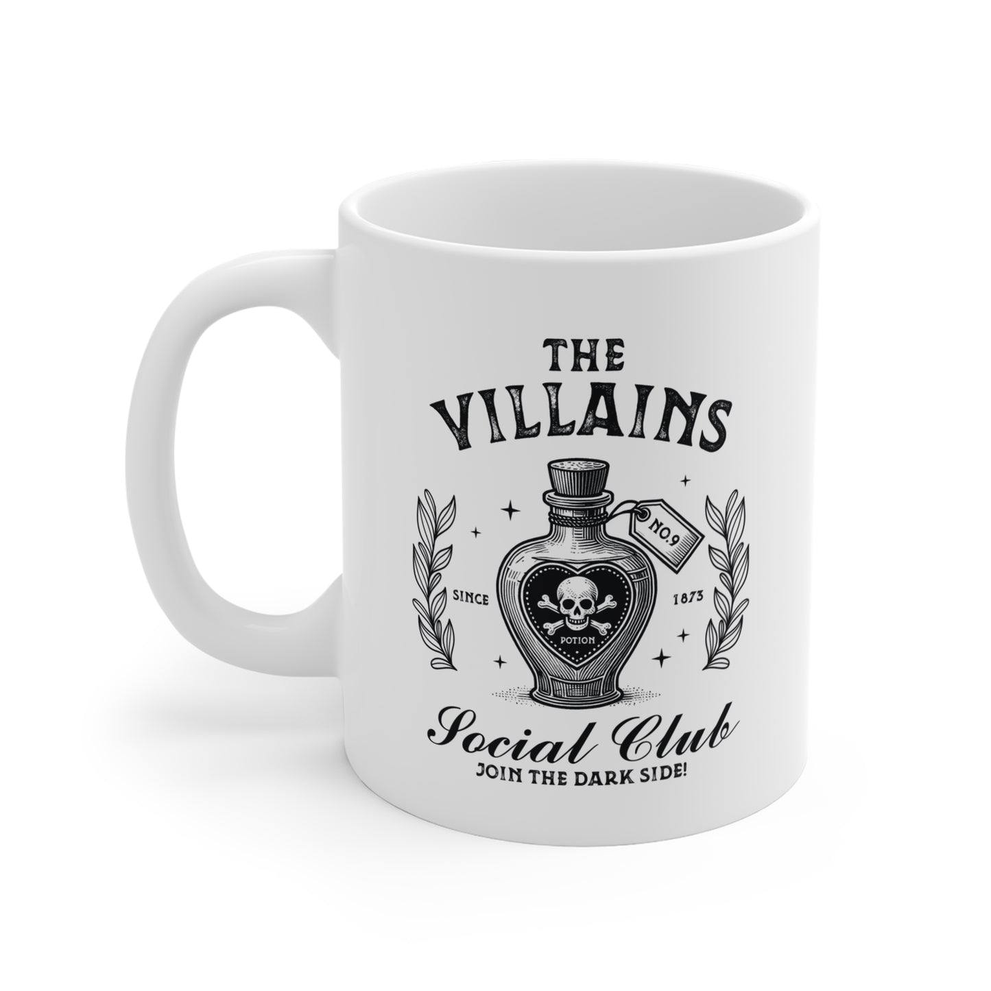 The Villains Social Club Ceramic Mug – 11oz White Halloween Mug with Dark Potion Design