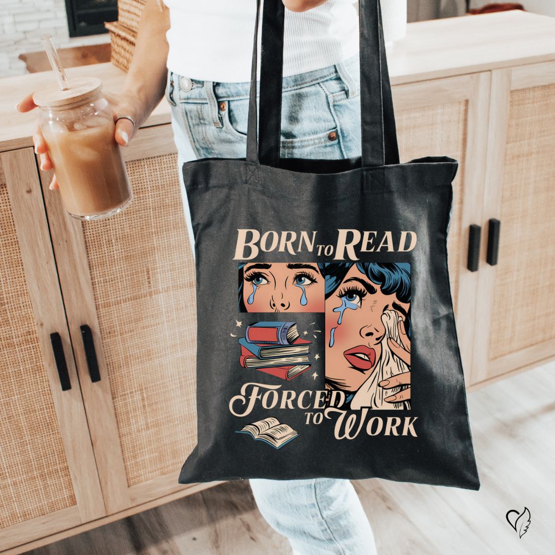 Born to Read, Forced to Work Black Canvas Tote Bag – Retro Comic Style Bookish Bag