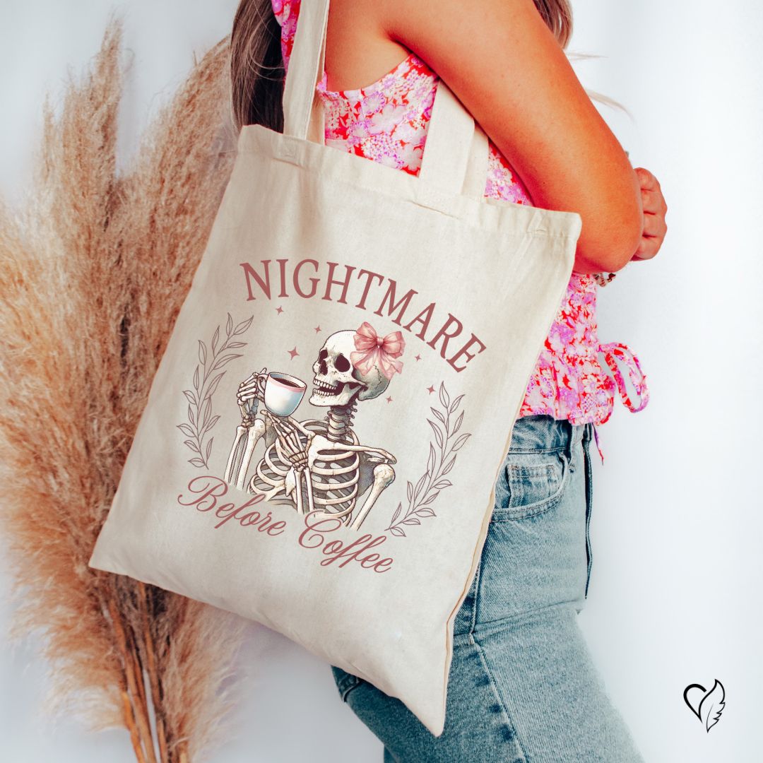 Nightmare Before Coffee Tote Bag – Halloween Skeleton Tote