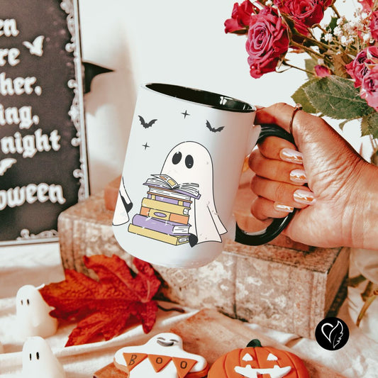 Bookish Boos Reading Ghosts Mug – 11oz & 15oz Black Accent Ceramic