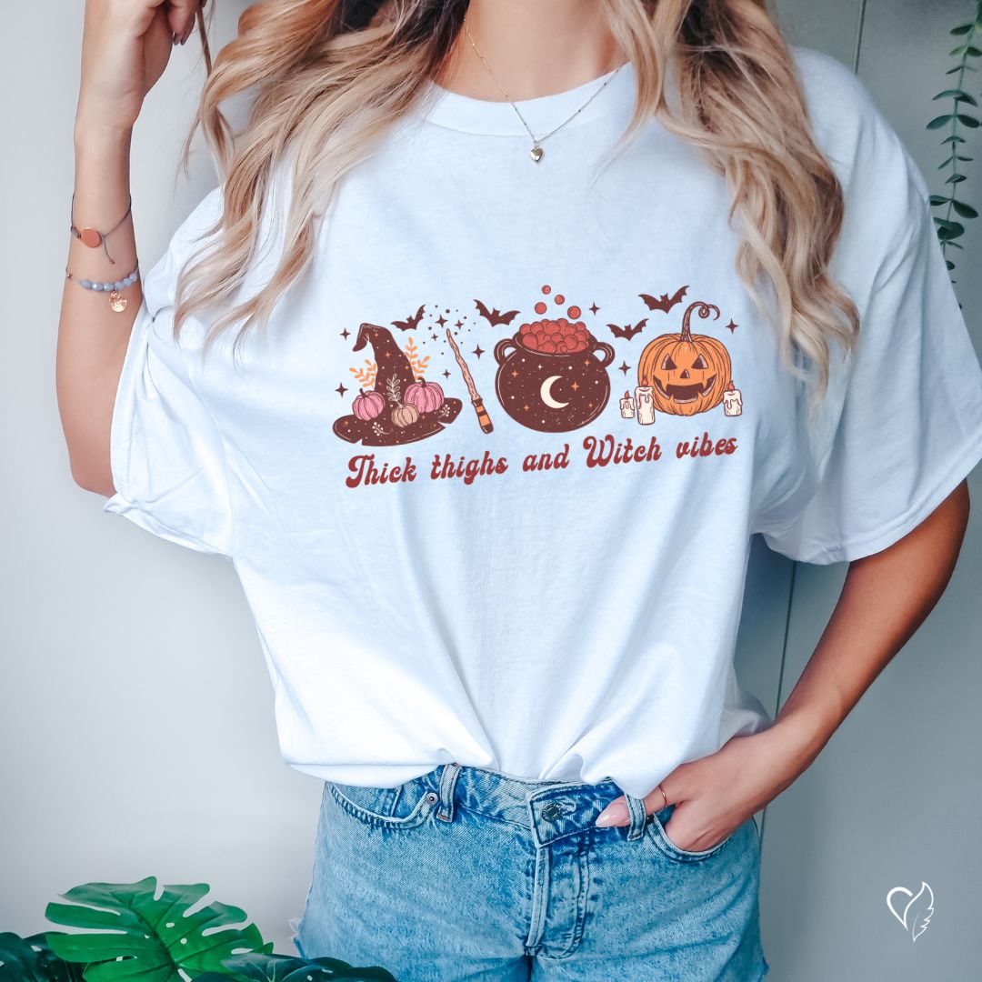 Thick Thighs & Witch Vibes T-Shirt – Witchy Woman Halloween Tee